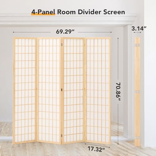 JOSTYLE Room Divider Wall Shoji Screen, 6 Panel Folding Privacy Screen for Room Separation, Japanese Wood Room Divider, 5.9 Ft, Natural