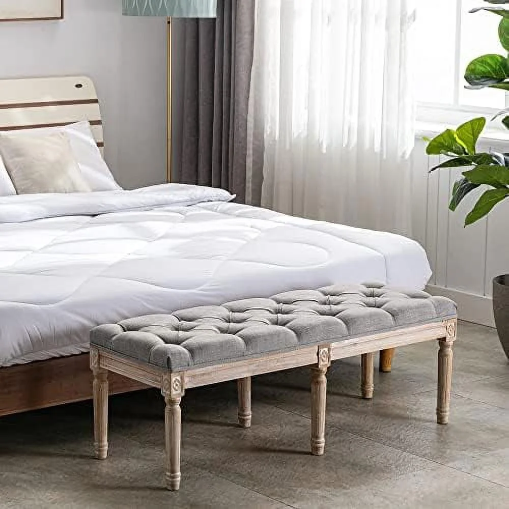 Fabric Entryway Bench with Button Tufted Seat and Rustic Wood Legs  Vintage Bedroom Bench End of Bed  Padded Extra Seating Bench for Living Room