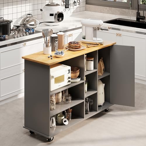 Shintenchi Rolling Kitchen Island Cart with Folding Drop Leaf Breakfast Bar, Portable Trolley Island with Large Storage Cabinet, Shelf and Drawer