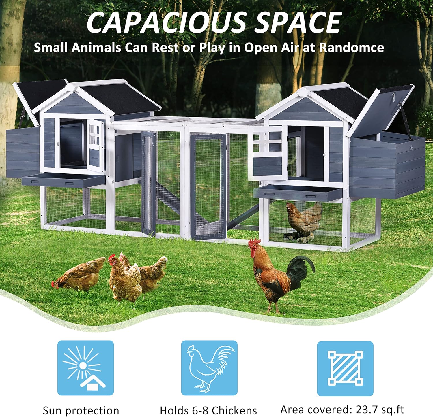 123.6" Chicken Coop Hen House Poultry Cage for 6 Chickens Wooden Rabbit Hutch Small Animal House with Nesting Boxes, 2 Run Play Area, Ramps