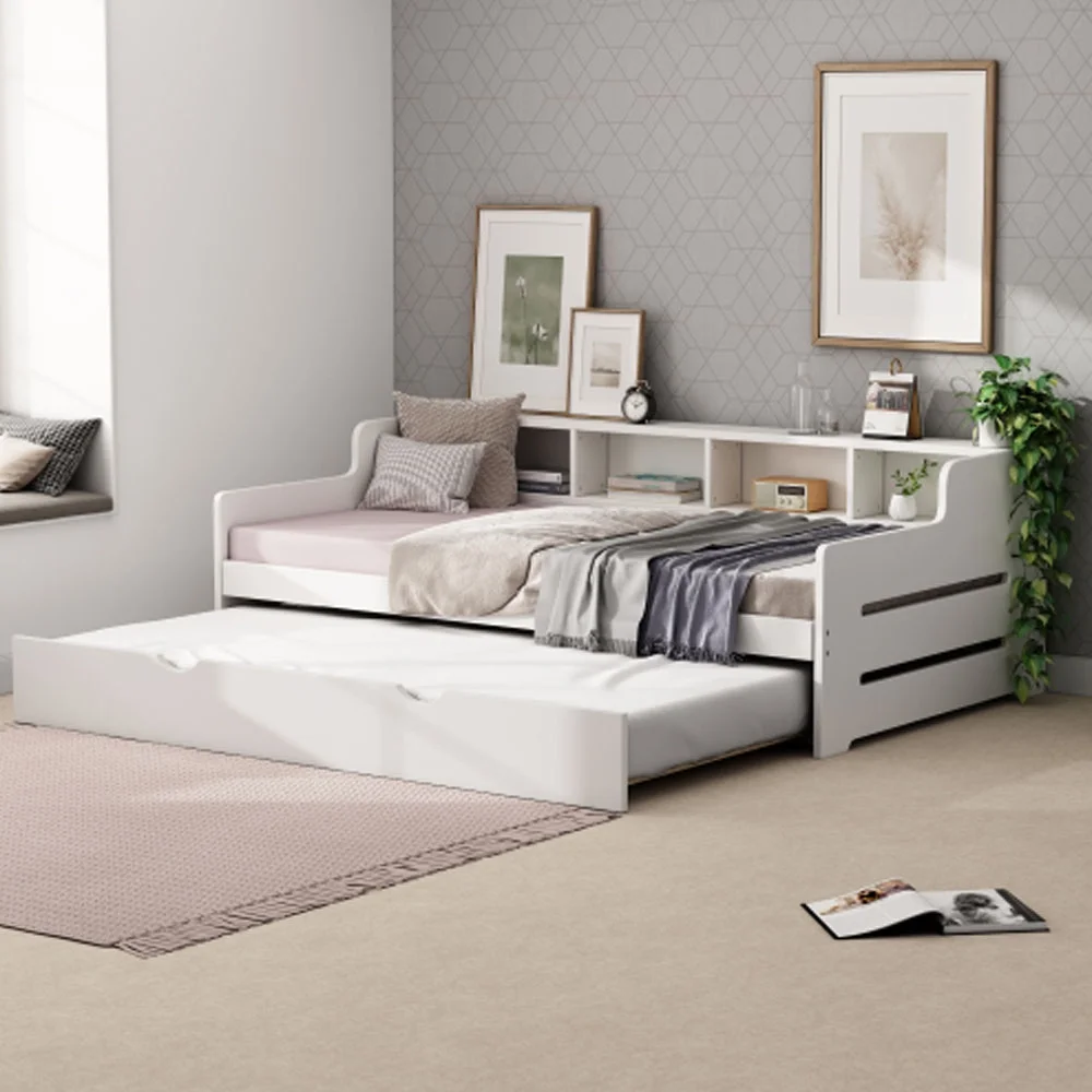 Twin Size Wooden Day Bed with Trundle for Guest Room, Small Bedroom, Study Room, White