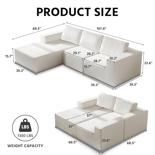 108" Cloud Modular Sectional Couch with L-Shape Chaise, Modern Sectional Sofa with Deep Seat Couch, Ultra Soft Knit Fabric Couches for Living Room