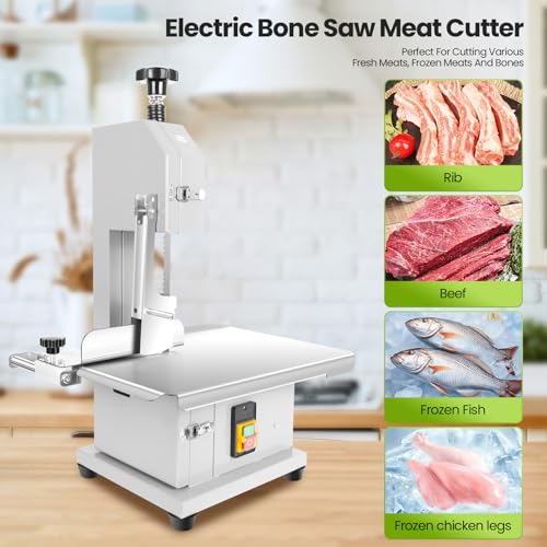 Bone Saw Meat Cutter 1200W Cutter Meat Saw 0.04''-7.8'' Cutting Thickness 20'' x 15'' Table Stainless Steel Meat Band Saws for Butchering 330-500