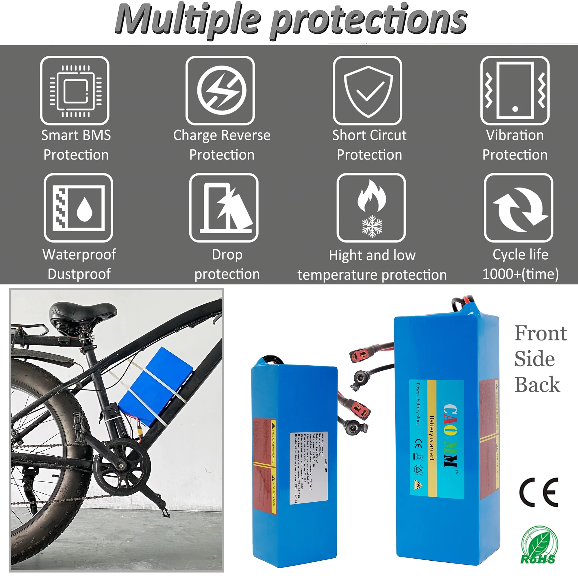 48V Ebike Battery 10AH Lithium Battery 5A Fast Charger 48V Battery T Plug for 1000W Electric Bike Scooter