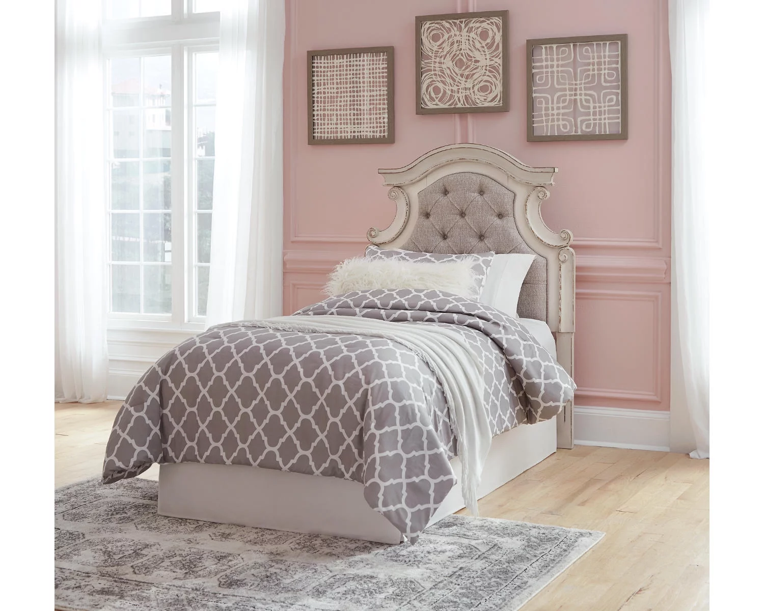 Signature Design by Ashley Casual Realyn Twin Upholstered Panel Headboard  Chipped White