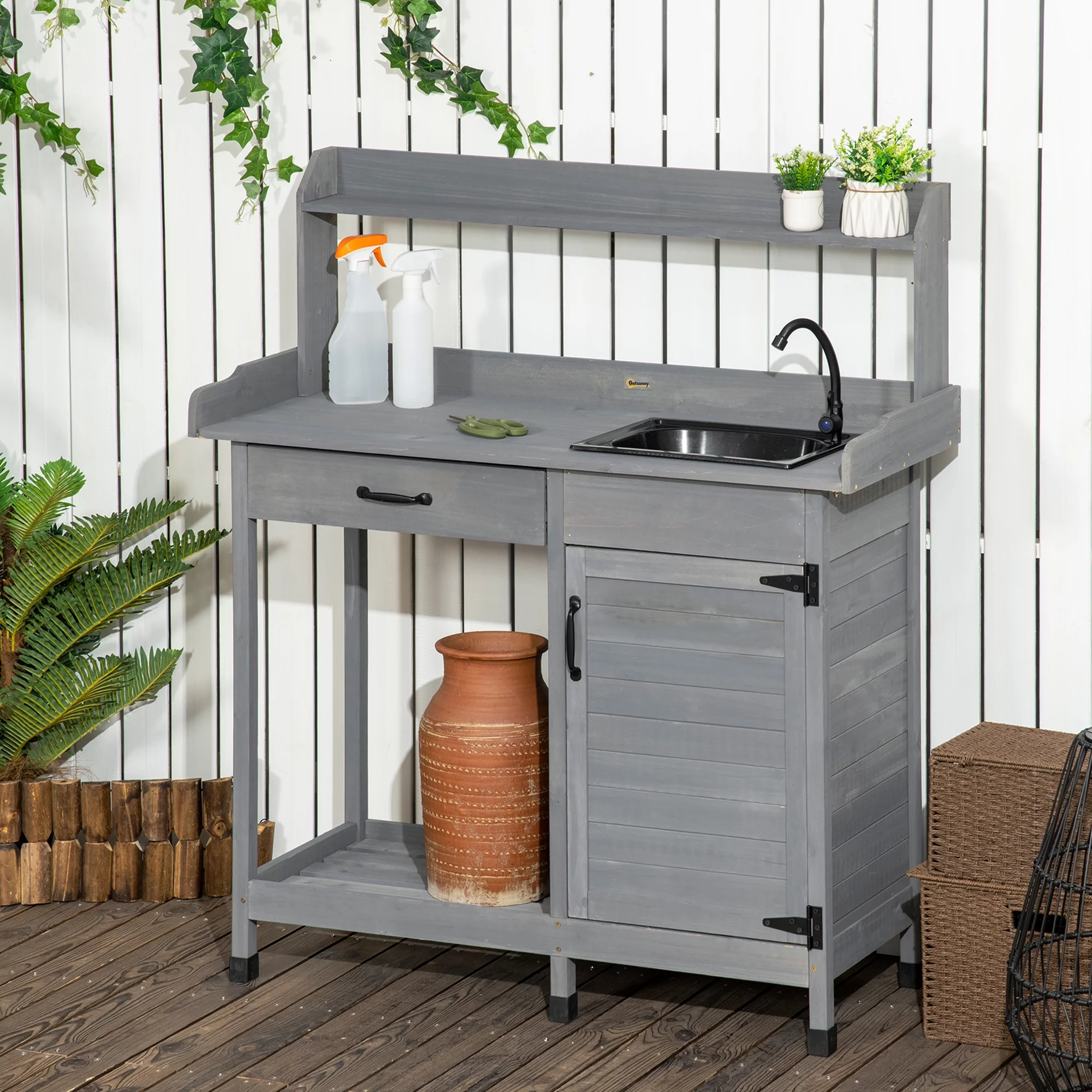 Outsunny Potting Bench Prep Table with Faucet, Sink, and Storage Cabinet