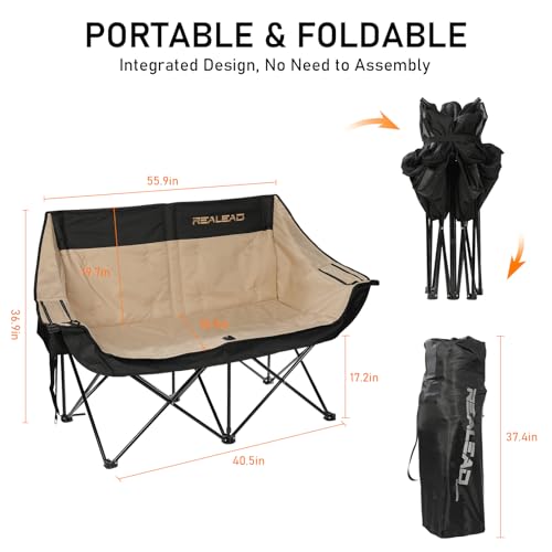 REALEAD Heated Double Camping Chair, 3 Heat Levels and 4 Heating Zones, Portable Heated Loveseat Chair for Outdoor Sports Support 650lbs