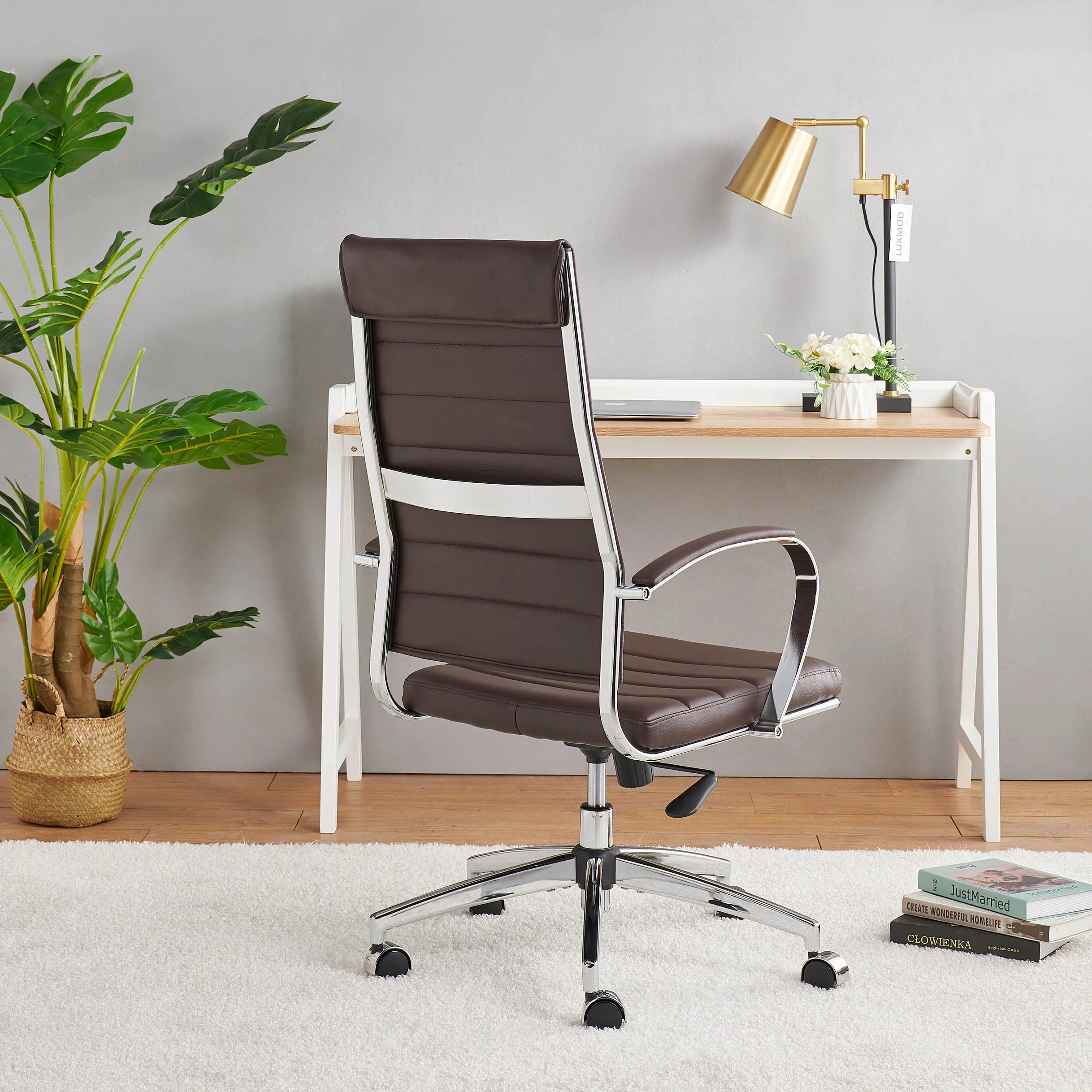 LUXMOD High Back Executive Office Chair with Armrest Adjustable Swivel Chair Brown Leather Office Chair Modern Office Chair Ergonomic Desk Chair for