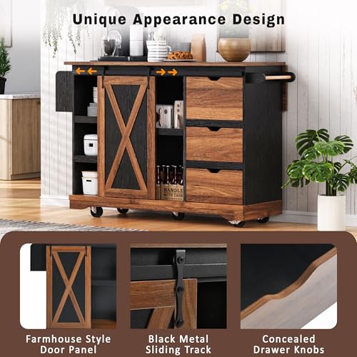 Farmhouse Kitchen Island with Power Outlet, Drop Leaf, Spice Rack and Drawer,Rolling Kitchen Cart on Wheels
