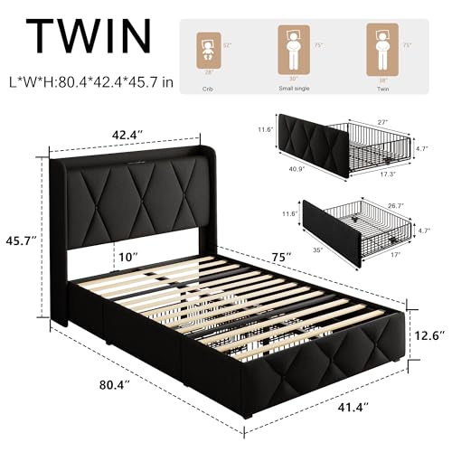 iPormis Queen Bed Frame with 4 Storage Drawers, Upholstered Platform Bed Frame with Charging Station, Modern Wingback Storage Headboard