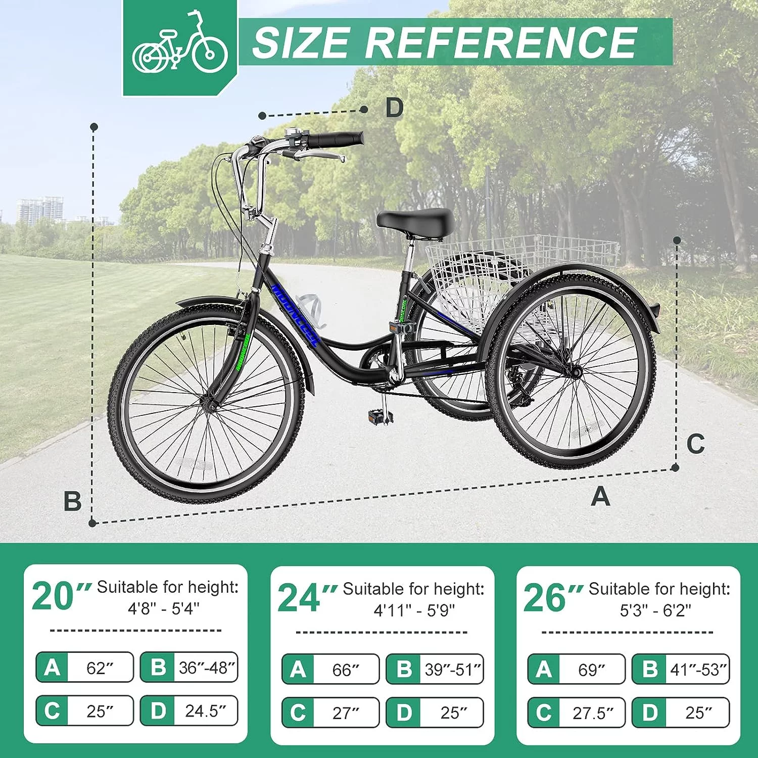 FICISOG 26 Adult Tricycle, 3 Wheel 7 Speed Bikes,450lbs Capacity Cruise Trike with Shopping Basket