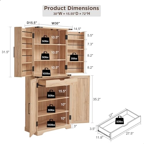 72" Tall Kitchen Pantry, Farmhouse Storage Cabinet with Barn Doors, Organizer, Drawer and Adjustable Shelves, Rustic Wood Cupboard for Kitchen