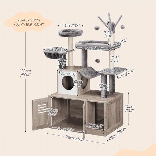 HOOBRO Large Hidden Litter Box, Cat Tree with 30.7'' Long Litter Box Enclosure, Modern Cat Tower, Cat Condos with Scratching Posts, Rubbing Post