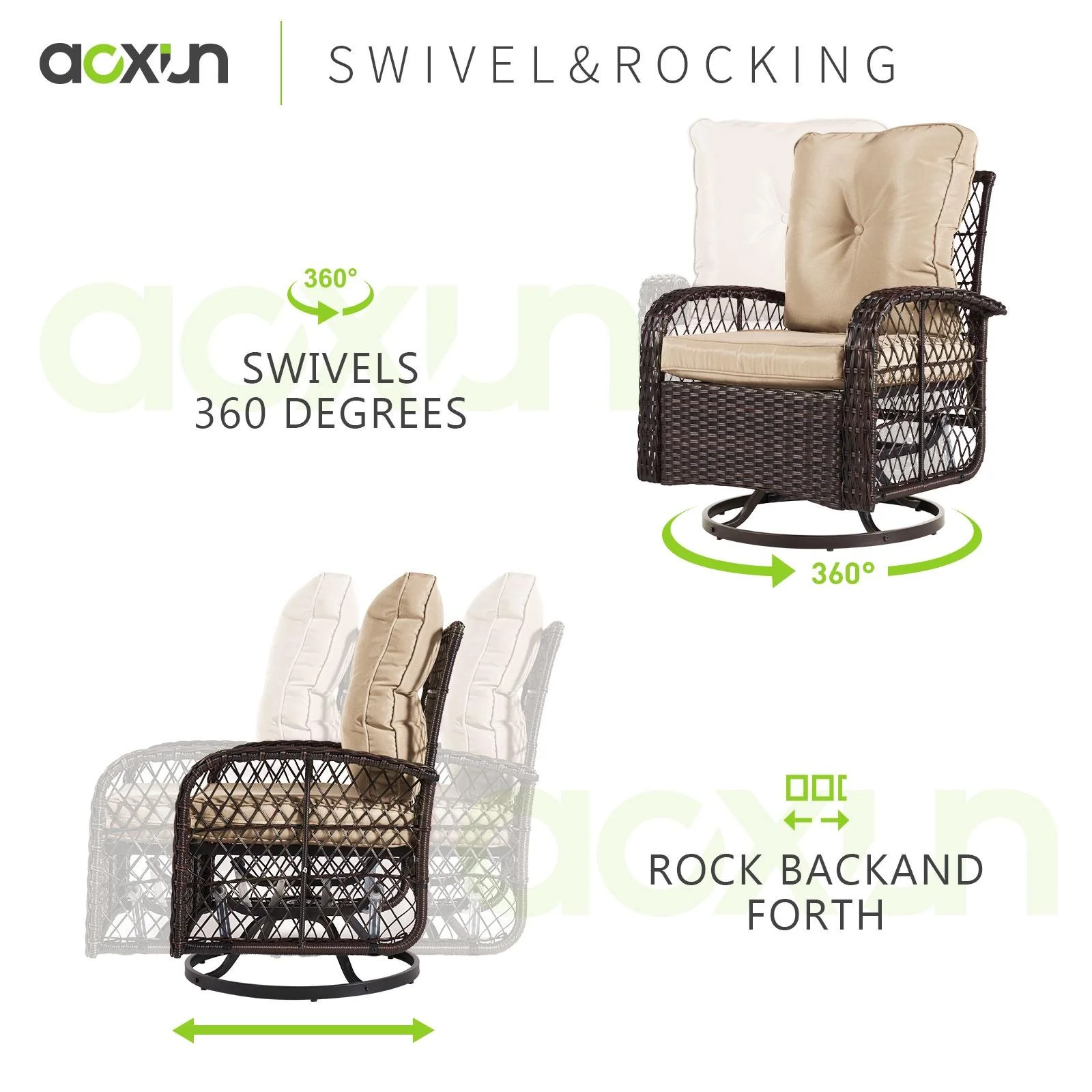 Aoxun 3 Piece Patio Chairs Set, Swivel Rocking Chairs for Patio, Wicker Bistro Set with Beige Cushions, Outdoor Swivel Rocker - Radiant Selections