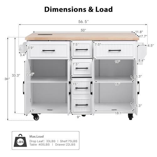 Kitchen Island with Drop Leaf & Power Outlet, Rolling Kitchen Islands Cart with 5 Open Storage Shelves & Towel Rack