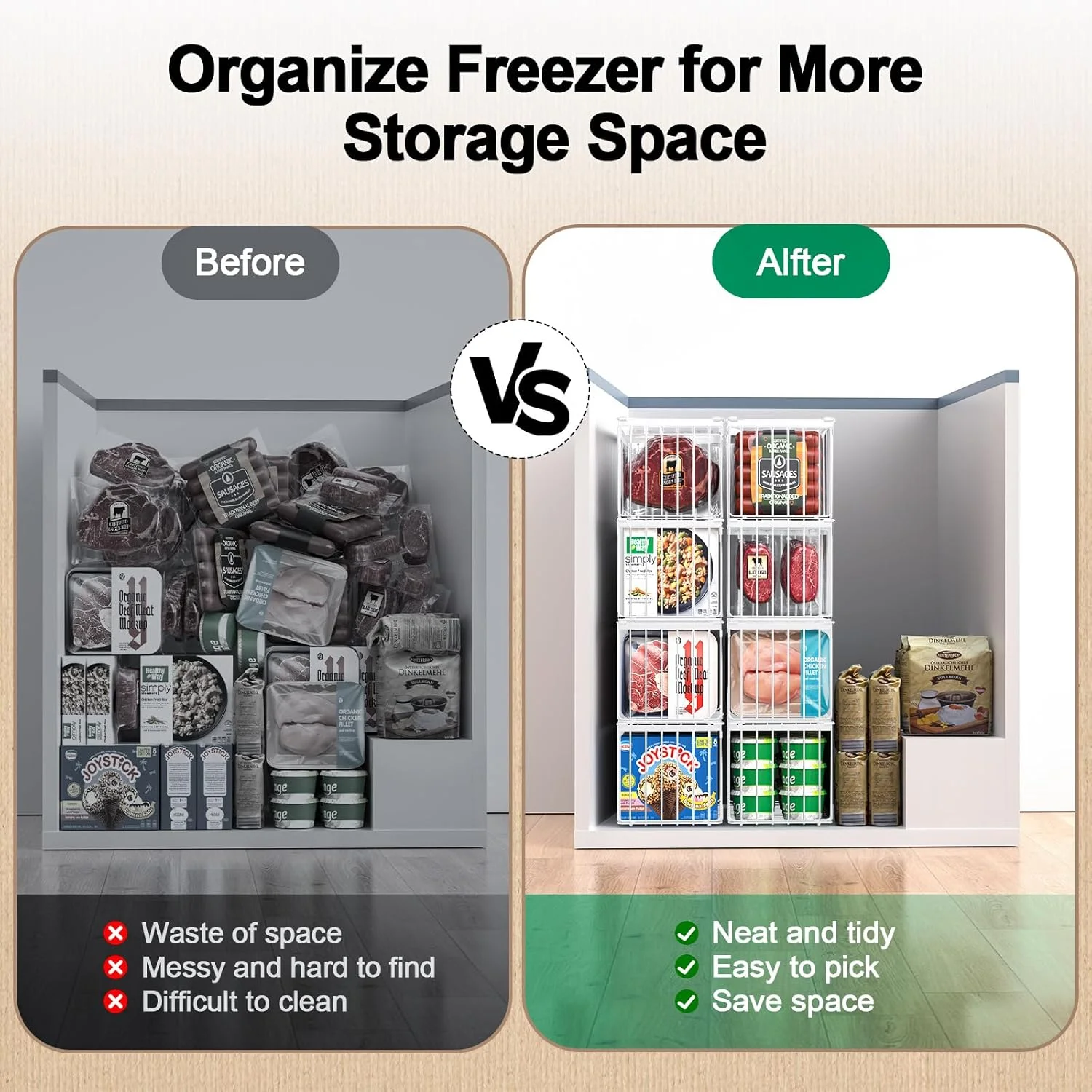 Organizer Bins, 4 Pack Stackable Deep Chest Freezer Organizer Bins, Foldable Baskets with Handles