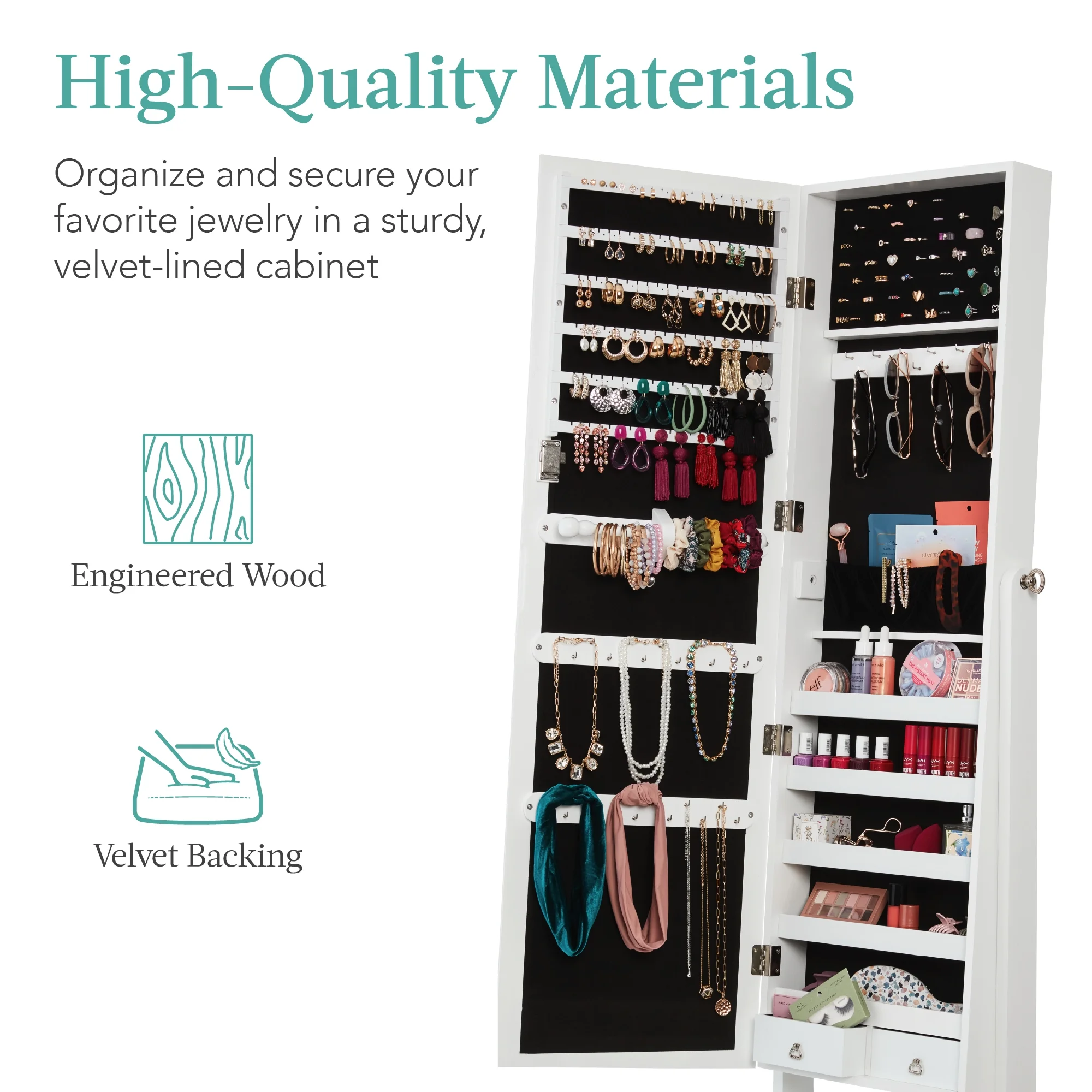 Best Choice Products Jewelry Armoire Cabinet, Full Length Mirror w/ Velvet Storage Interior, Lock - White
