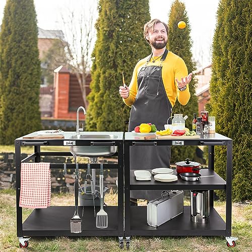 35” Outdoor Grill Cart with Sink, Outdoor Kitchen Sink Station with Hose Hook Up, Free Standing Sink with Wheels
