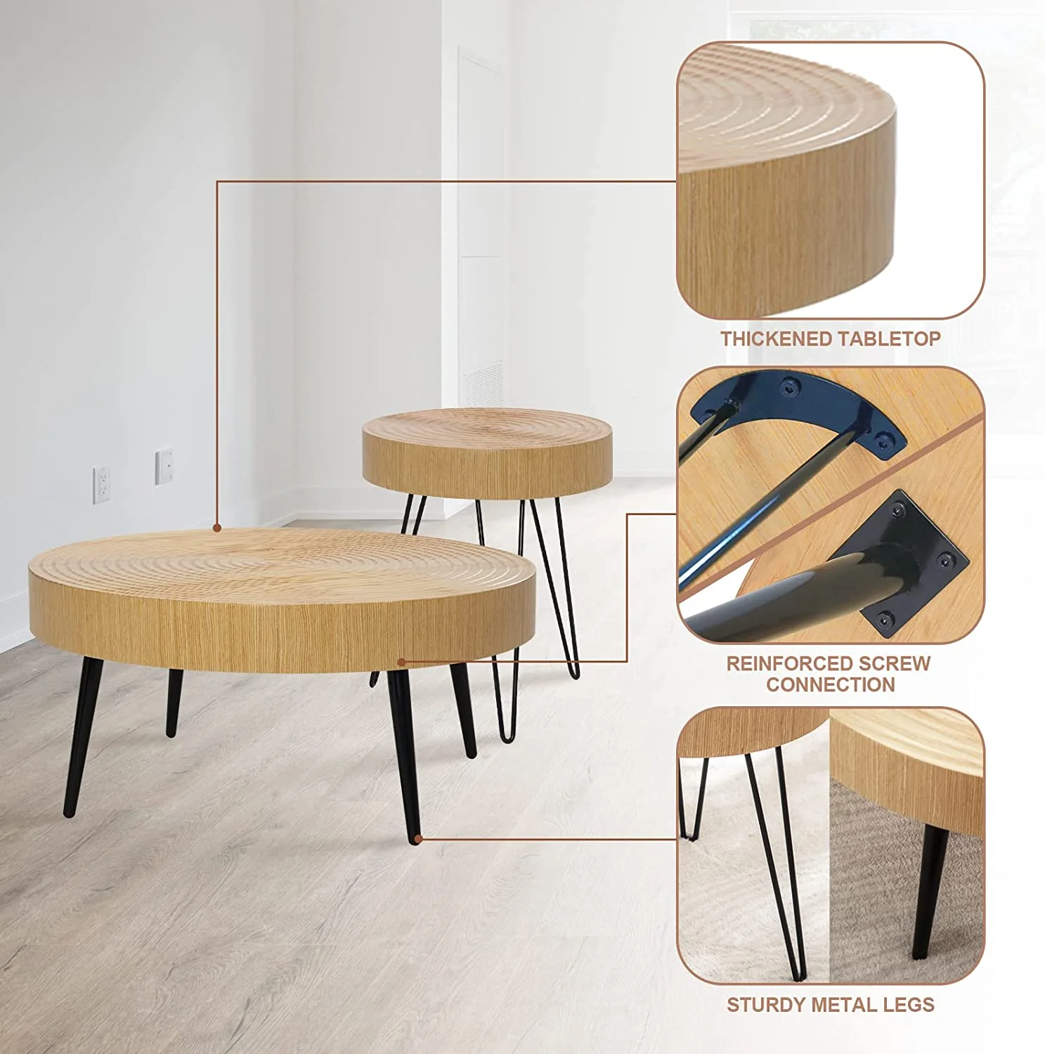 KHBIULIFE 2 Pieces  Round Wood Coffee Table Set  Farmhouse Circle Living Room Table Set of 2  Modern Ring Motif Natural Wood Finish Side and End