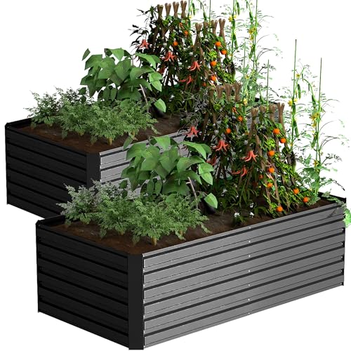 FOOWIN 2pcs 8x4x2ft Galvanized Raised Garden Bed, Planter Raised Garden Boxes Outdoor, Large Metal Raised Beds for Gardening
