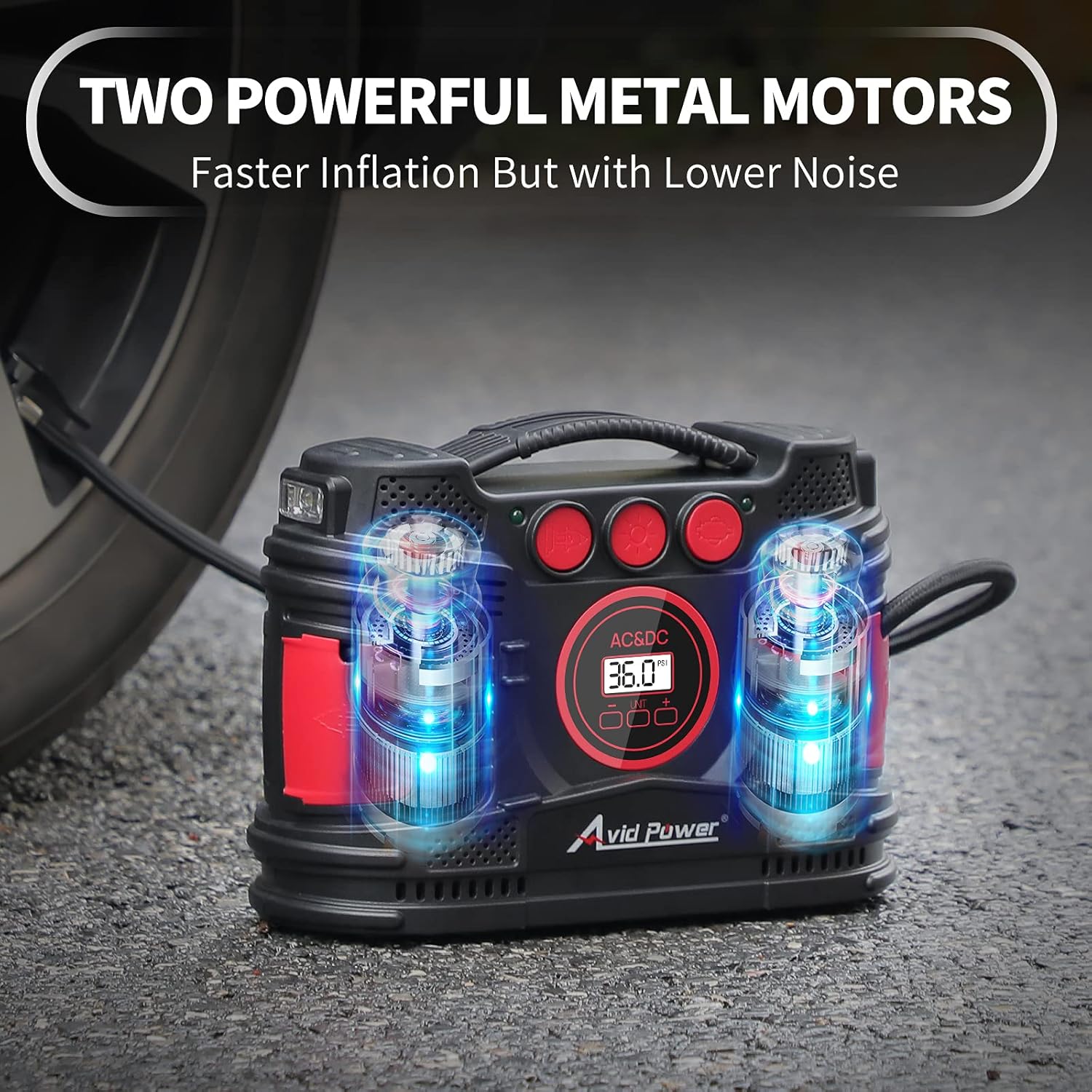 AVID POWER AC/DC Tire Inflator, Portable Air Compressor for Home (110V) and Car (12V), Electic Tire Pump with Dual Powerful Motors for Fast Inflation