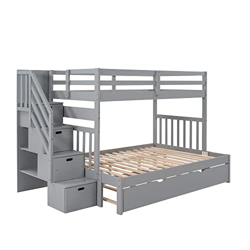 Ball & Cast Twin-Over-Twin Bunk Bed with Twin-Size Trundle and 3 Storage Stairs,Wood Bunkbed w/Full-Length Guardrails,Slat Support