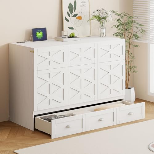 Harper & Bright Designs Full Size Murphy Bed Wall Bed, Solid Pine Murphy Bed Chest Cube Cabinet Bed with USB