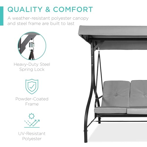 Best Choice Products 3-Seat Outdoor Large Converting Canopy Swing Glider, Patio Hammock Lounge Chair for Porch, Backyard w/Flatbed, Adjustable Shade