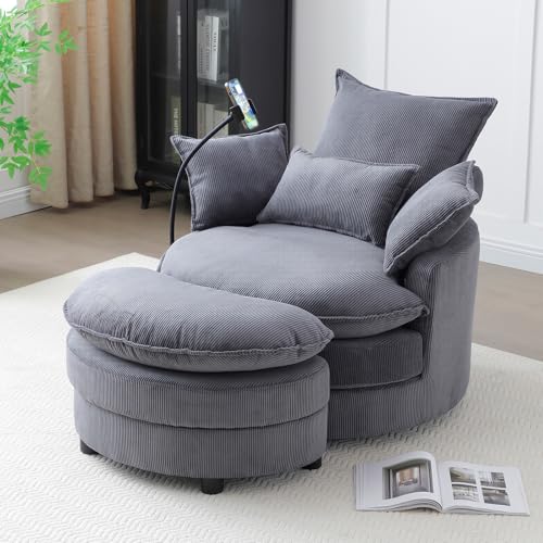 Swivel Barrel Accent Sofa Chair with Phone Holder & Storage Ottoman