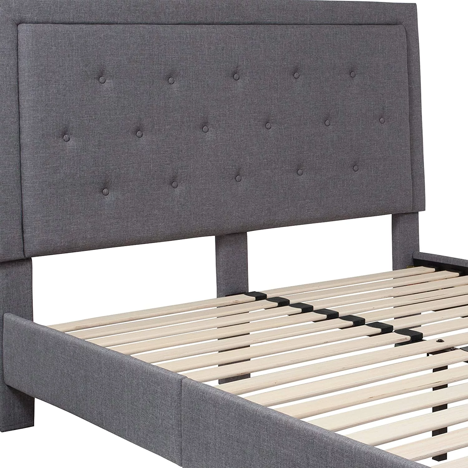 Queen Size Panel Tufted Platform Bed In Light Gray Fabric