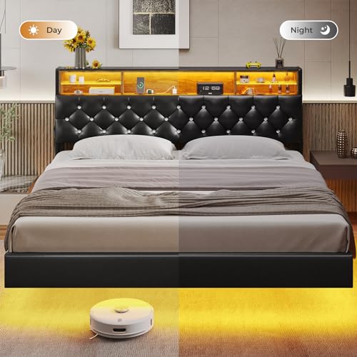 ADORNEVE King Size Floating Bed Frame with LED Lights & Hidden Storage Headboard