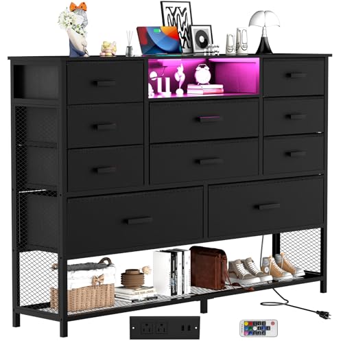 Black Dresser for Bedroom with 10 Drawers, Dresser with Charging Station, TV Stand Dresser with LED Light for 55" TV