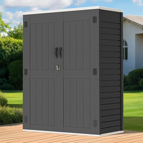 GOOBED Vertical Outdoor Storage Shed, 59 Cubic Feet Resin Tall Shed, Lockable Waterproof Tool Organizer for Garden, Garage, Patio, No Shelves (Brown)