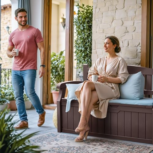 Greesum 80 Gallon Outdoor Storage Bench, Resin Patio Furniture with Armrest,Waterproof and UV-Resistant, Perfect to Garden, Poolside and Lawn