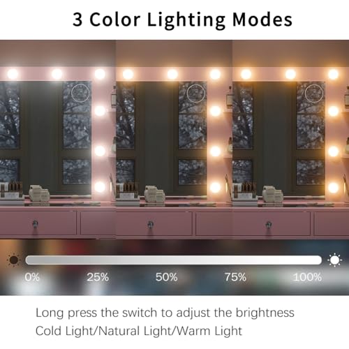 Vanity Desk & Power Outlet, Makeup Vanity with Mirror and 10 LED Lights, 3 Lighting Modes Brightness Adjustable