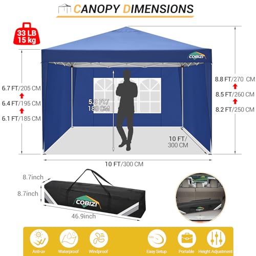 COBIZI 10x10 Pop up Canopy Tent Protable Canopy Tent with 4 Sidewalls Waterproof Commercial Instant Shelter for Parties, Wedding