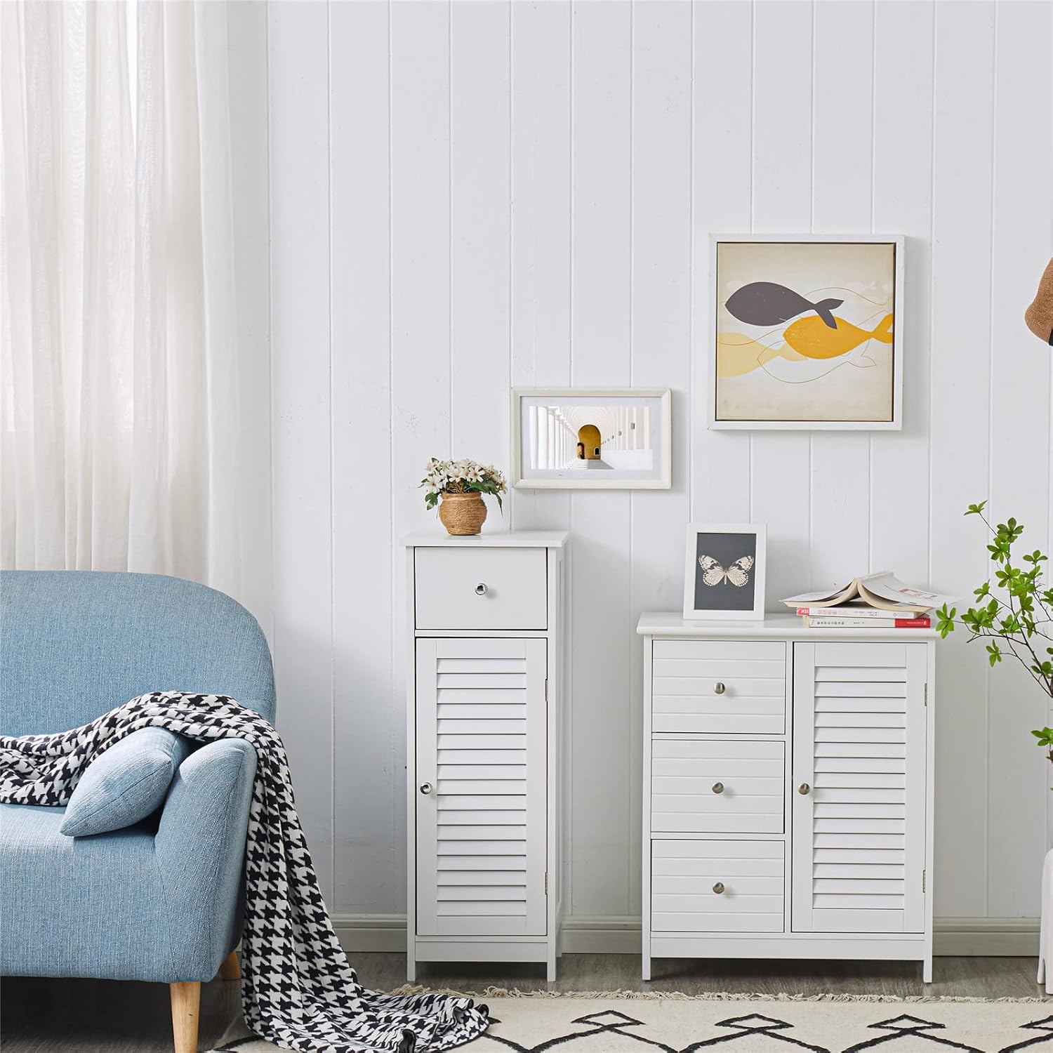 HoorLang White Bathroom Storage Cabinet with 3 Drawers and 1 Two Layers Cabinet