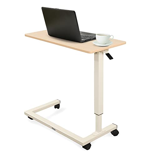Medacure Hospital Bed Table, Light Oak - Overbed Table with Wheels & Adjustable Height - Food, Laptop, and Reading Overbed Desk