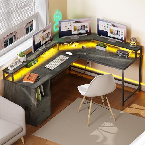 YITAHOME L Shaped Desk with File Drawer & 3 Cubbies Storage Shelves, 67" Corner Computer Desk with LED Lights & Power Outlets