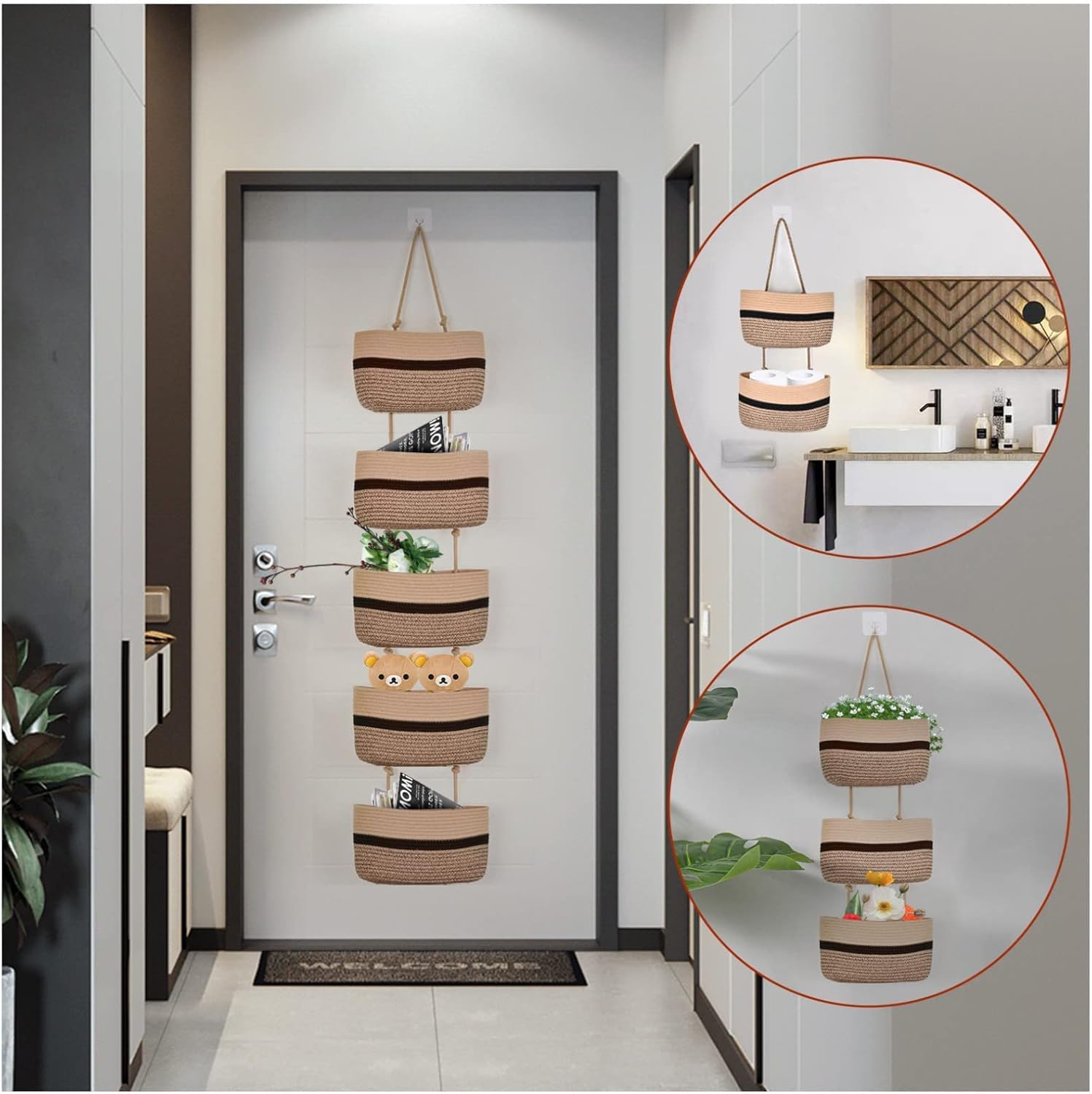 Hanging Baskets for Organizing,Hanging Storage Basket,5 Detachable Over The Door Baskets,Decorative Hanging Wall Basket