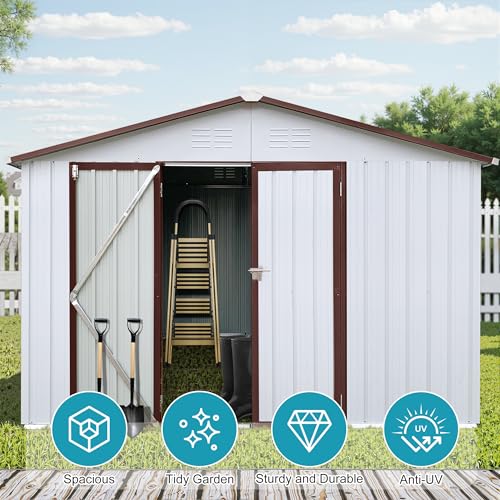 8x6 FT Outdoor Storage Shed, Metal Tool Shed with Lockable Doors, Peaked Roof & Frame Floor