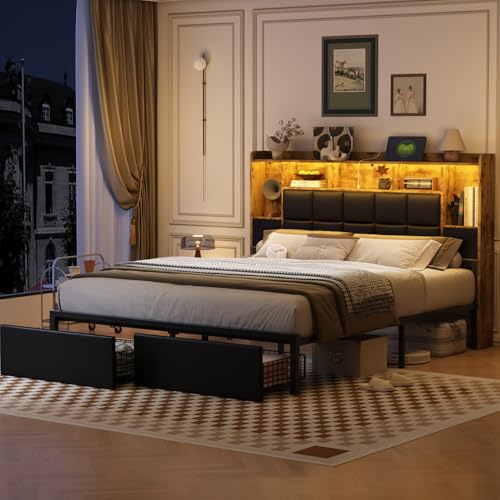 LED Bed Frame Full Size with Bookshelf Headboard, 2 Hidden Storage Drawers, Upholstered Platform Metal Bed Frame with Charging Station