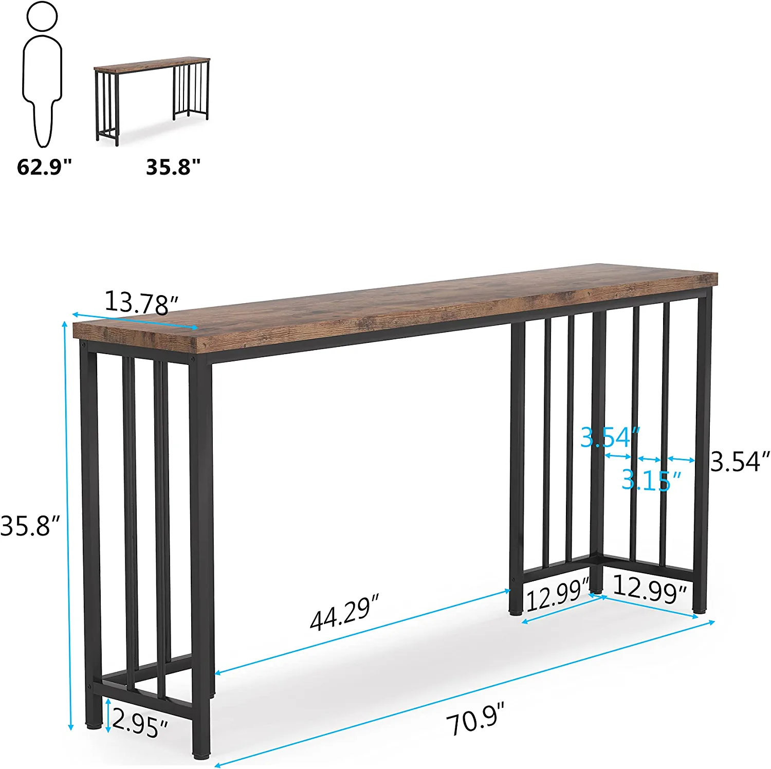 Rustic 70.9 Inch Extra Long Console Table, Industrial Narrow Sofa Table