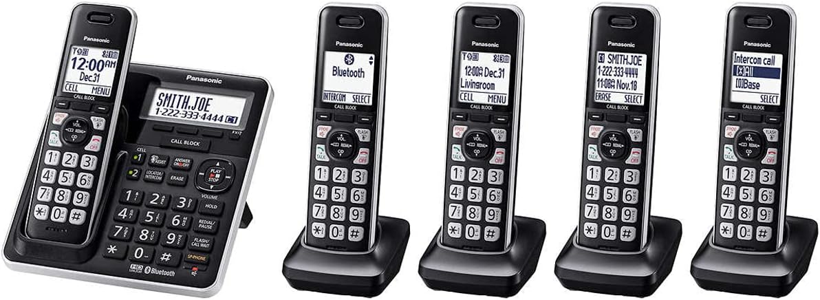 Panasonic KX-TG985 Expandable Cordless Phone System Link2Cell Bluetooth - 5 Handsets DECT 6.0 Bluetooth, Voice Assist, Low Battery Alert