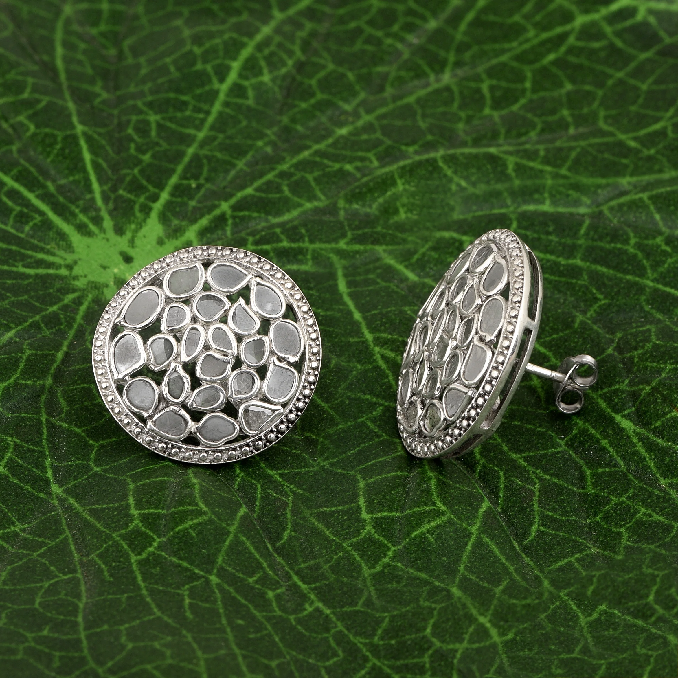 1.85 CTW Natural Diamond Polki Round Studs 925 Sterling Silver Platinum Plated Handmade Slice Diamond Earrings