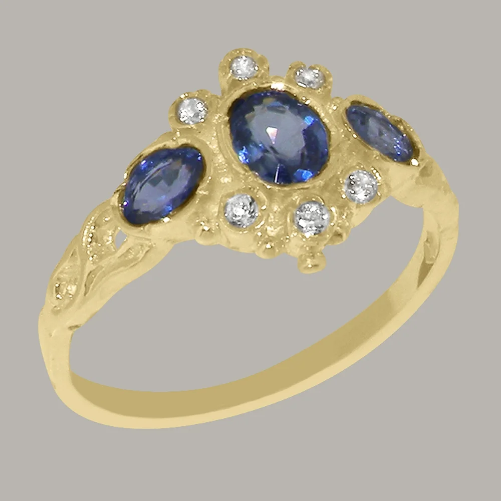 LBG English Made 9k Yellow Gold Natural Sapphire & Diamond Womens Anniversary Ring - Size 9