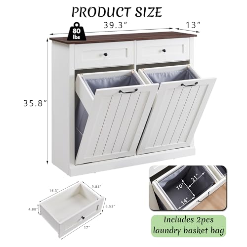 Tilt Out Laundry Hamper Cabinet, 10 Gallon Farmhouse Trash Can Cabinet with Drawer