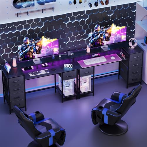 47 Inch Computer Gaming Desk with Power Outlets LED Lights Reversible Home Office with Adjustable Fabric Storage Drawers for Working Writing Study