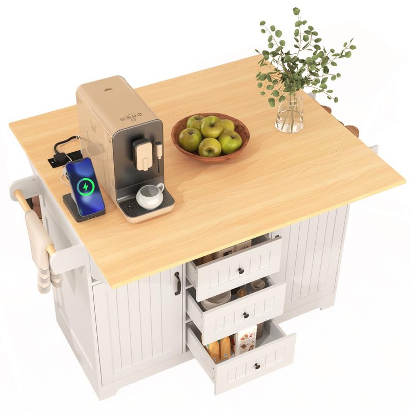 55.7'' Large Kitchen Island with 2 Drop Leaf, Rolling Kitchen Cart on 5 Wheels with Power Outlet