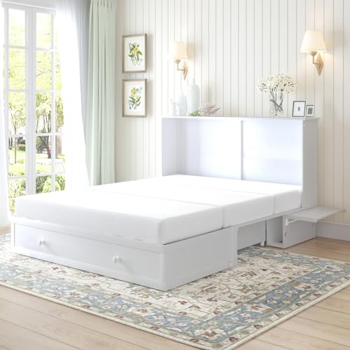 PUREMIND Queen Murphy Bed Cabinet with Mattress Included, Murphy Chest Bed with Storage, Murphys Cube Cabinet Beds with USB Charging Station